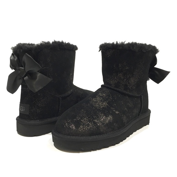 UGG MINI BAILEY BOW GLIMMER BOOTS -BLACK METALLIC SUEDE -WOMEN’S US 7 -NEW - Picture 1 of 8